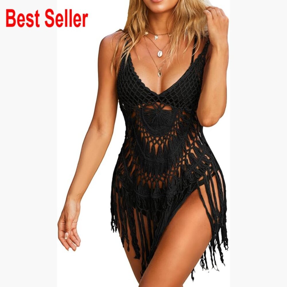 Crochet Tassel Beach Cover Up, Rayon & Acrylic, Loose Fit